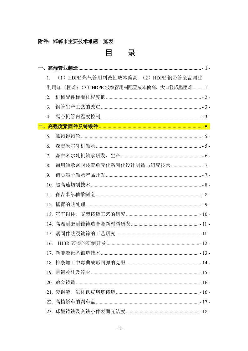 附件邯郸主要技术难题一览表