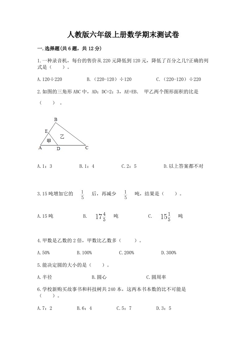 人教版六年级上册数学期末测试卷含完整答案（历年真题）