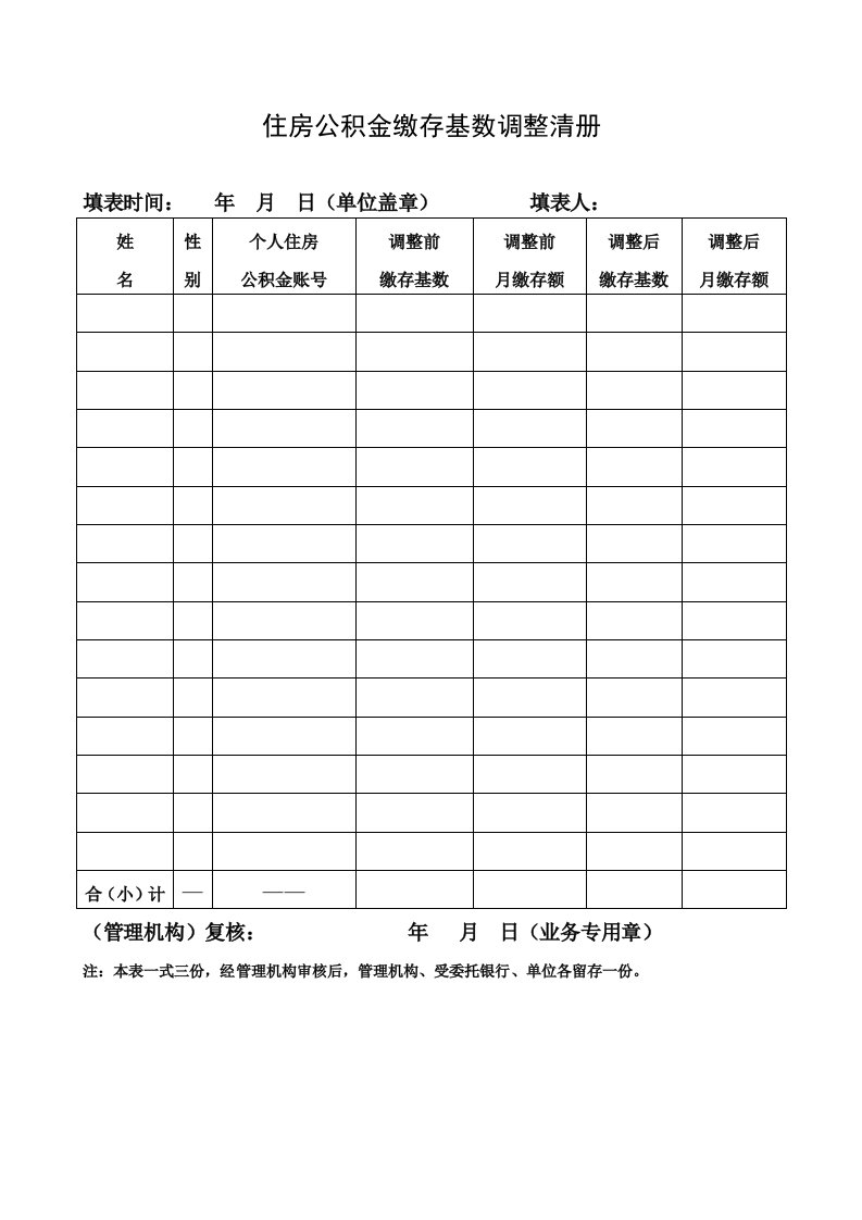 住房公积金缴存基数调整清册