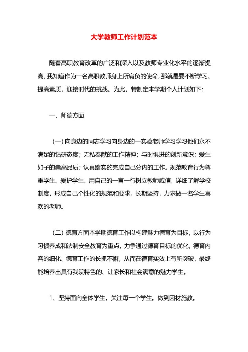 大学教师工作计划范本