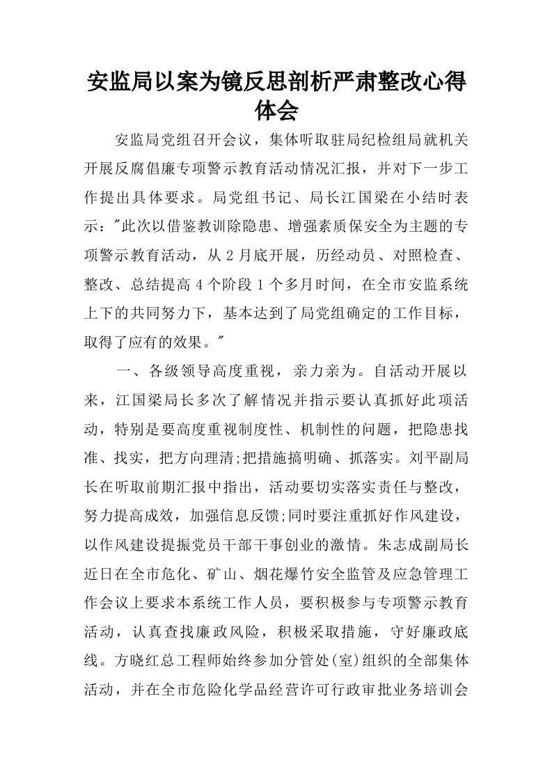 安监局以案为镜反思剖析严肃整改心得体会.doc