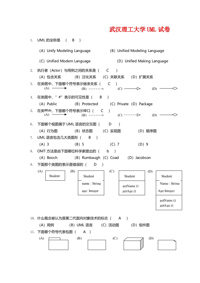 武汉理工大学UML2012年度考试试卷及其答案