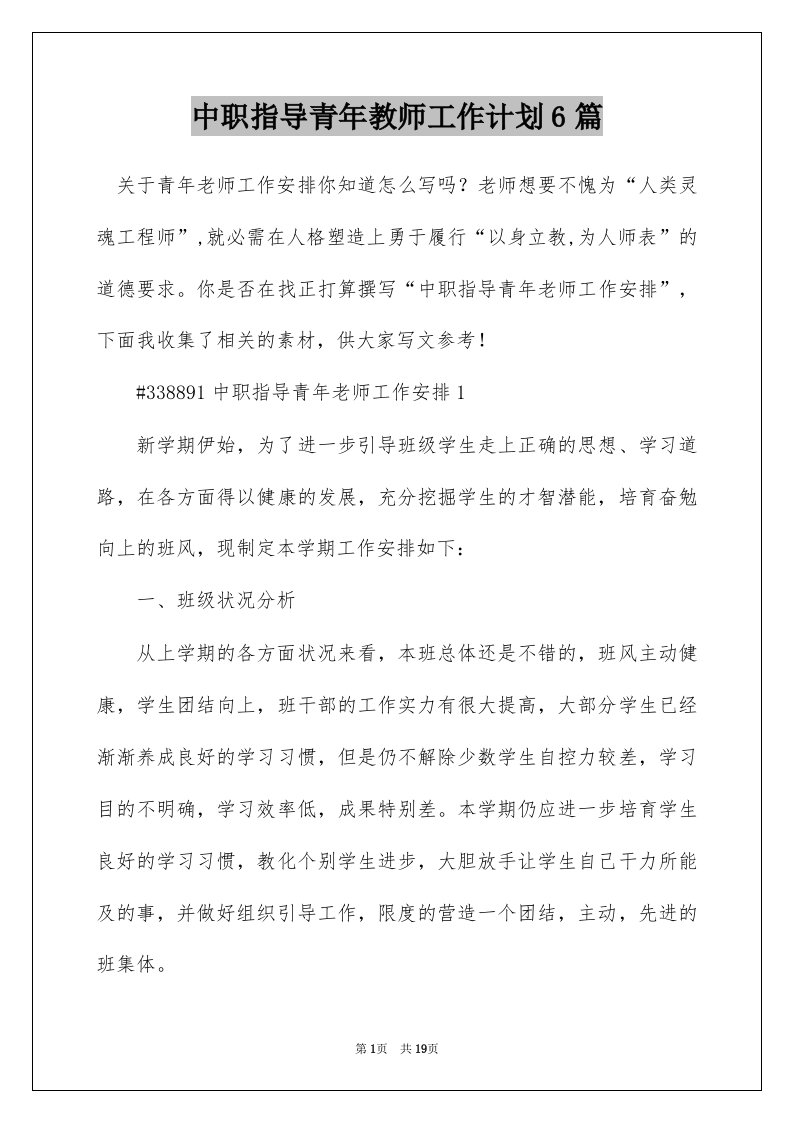 中职指导青年教师工作计划6篇