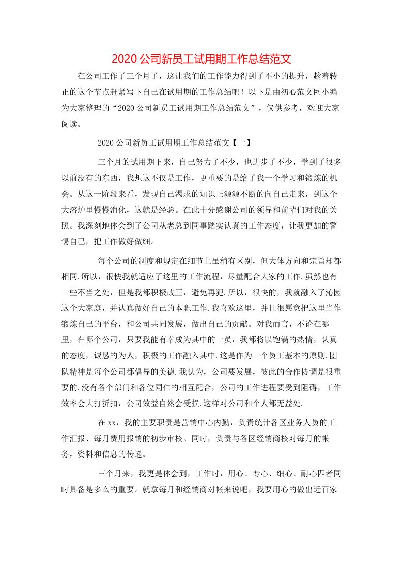 精选2020公司新员工试用期工作总结范文