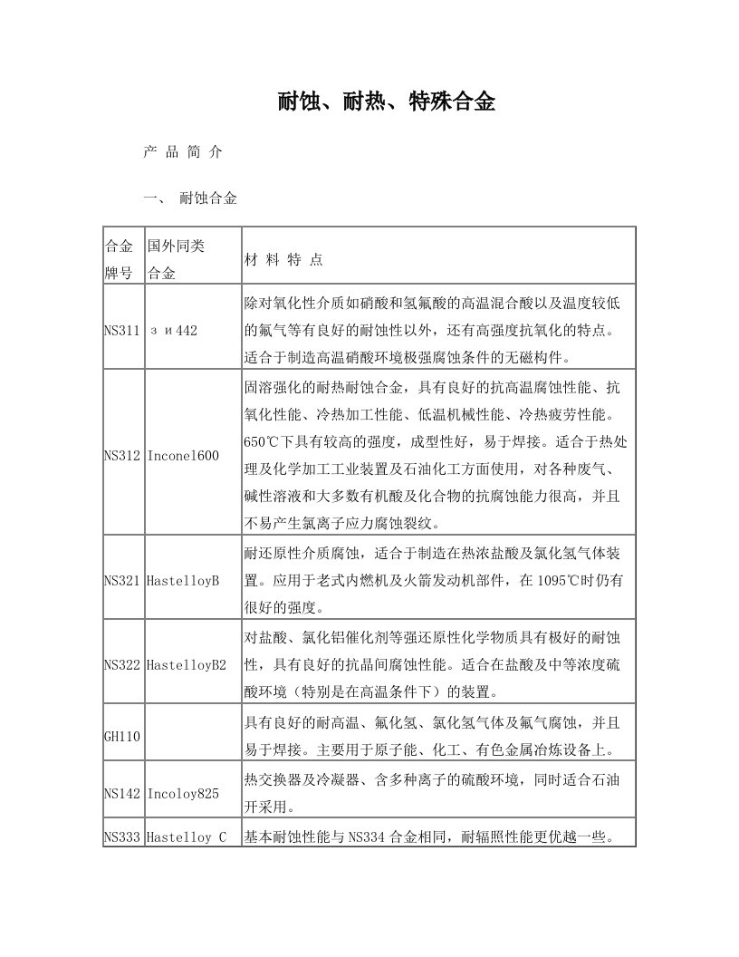 耐蚀、耐热、特殊合金