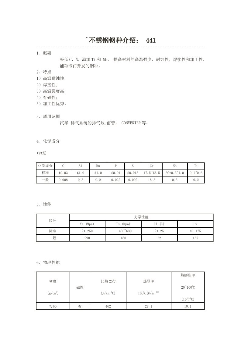 不锈钢钢种介绍441