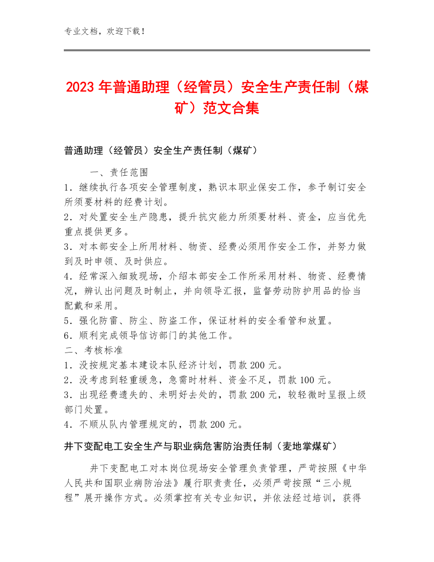 2023年普通助理（经管员）安全生产责任制（煤矿）范文合集