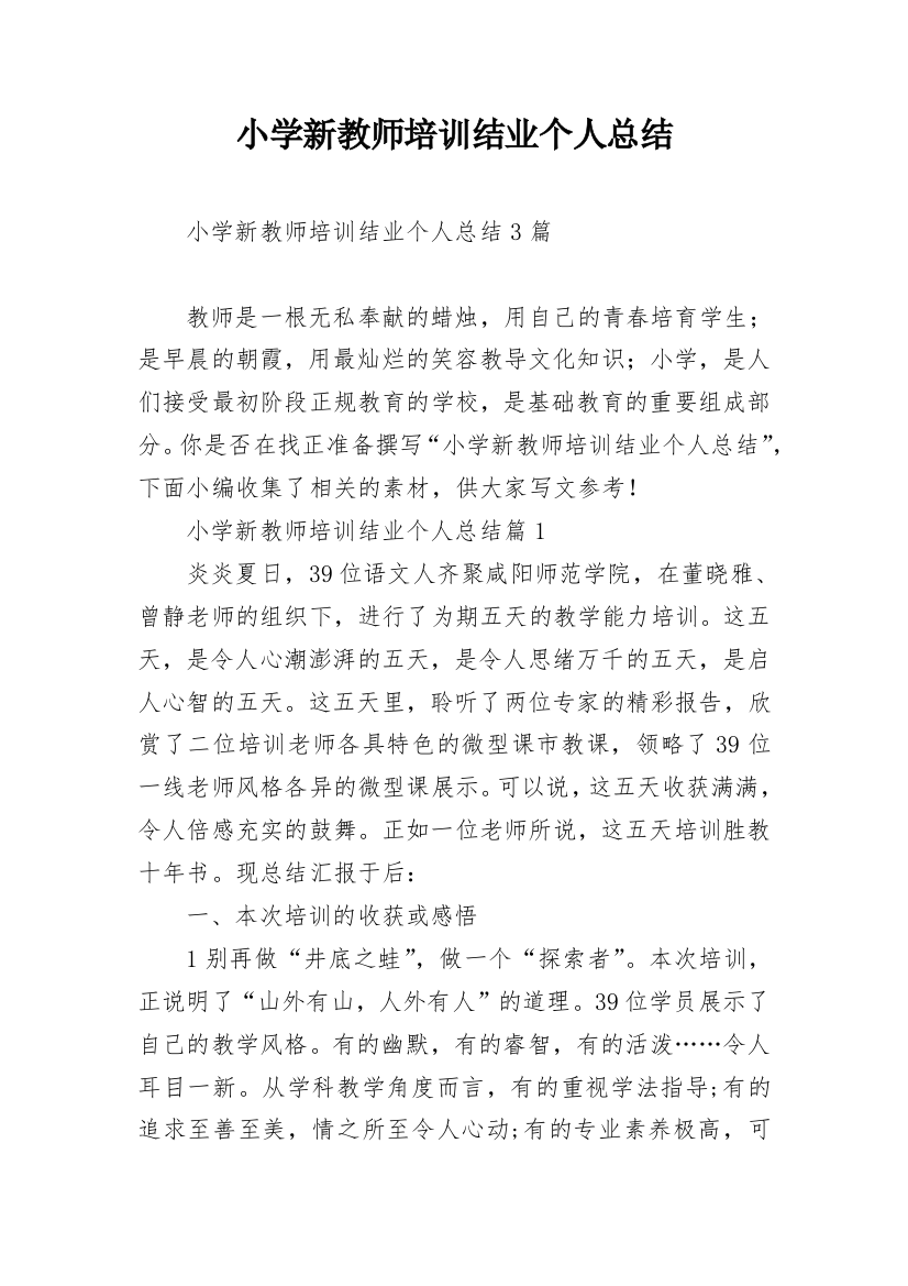 小学新教师培训结业个人总结