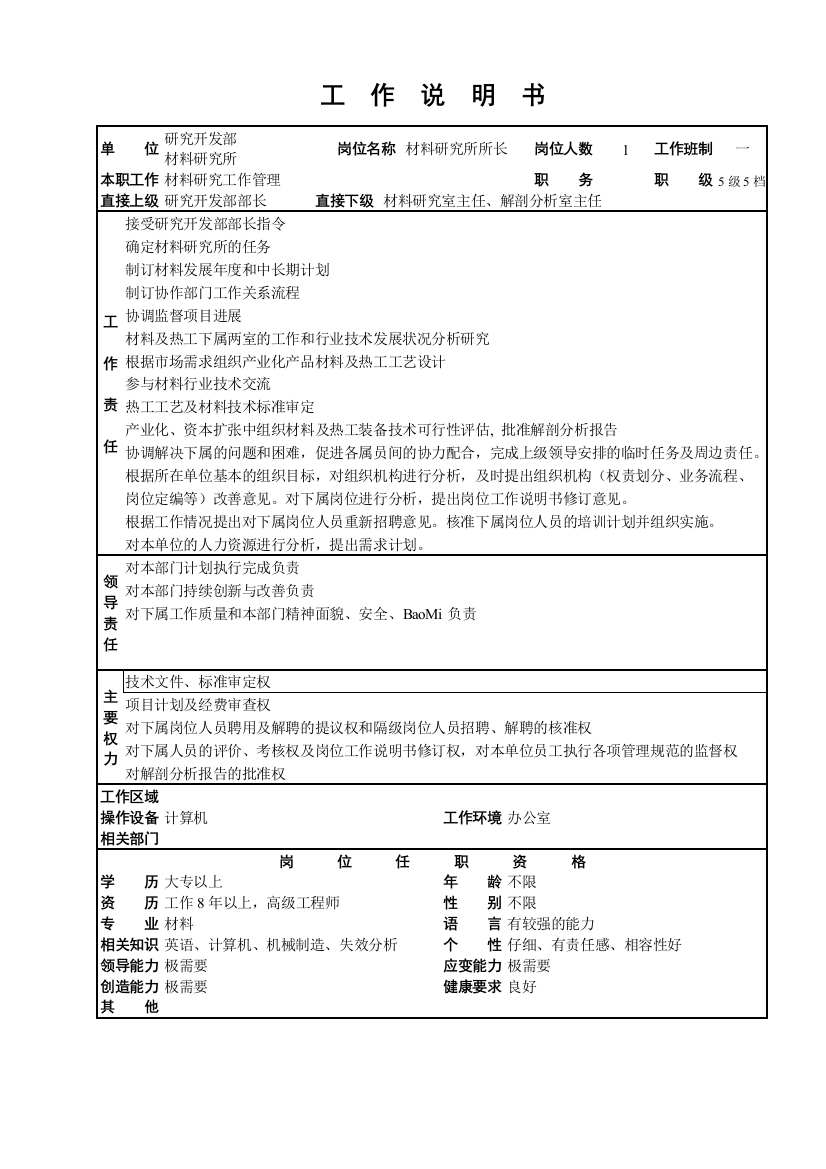 材料研究所工作说明书大全