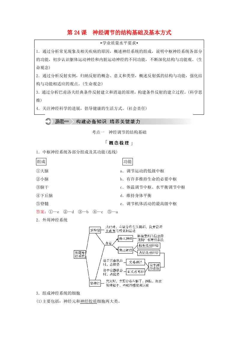 2024版高考生物一轮总复习第8单元生命活动的调节第24课神经调节的结构基础及基本方式教师用书