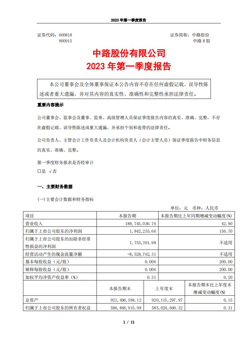 上交所-中路股份有限公司2023年第一季度报告-20230427