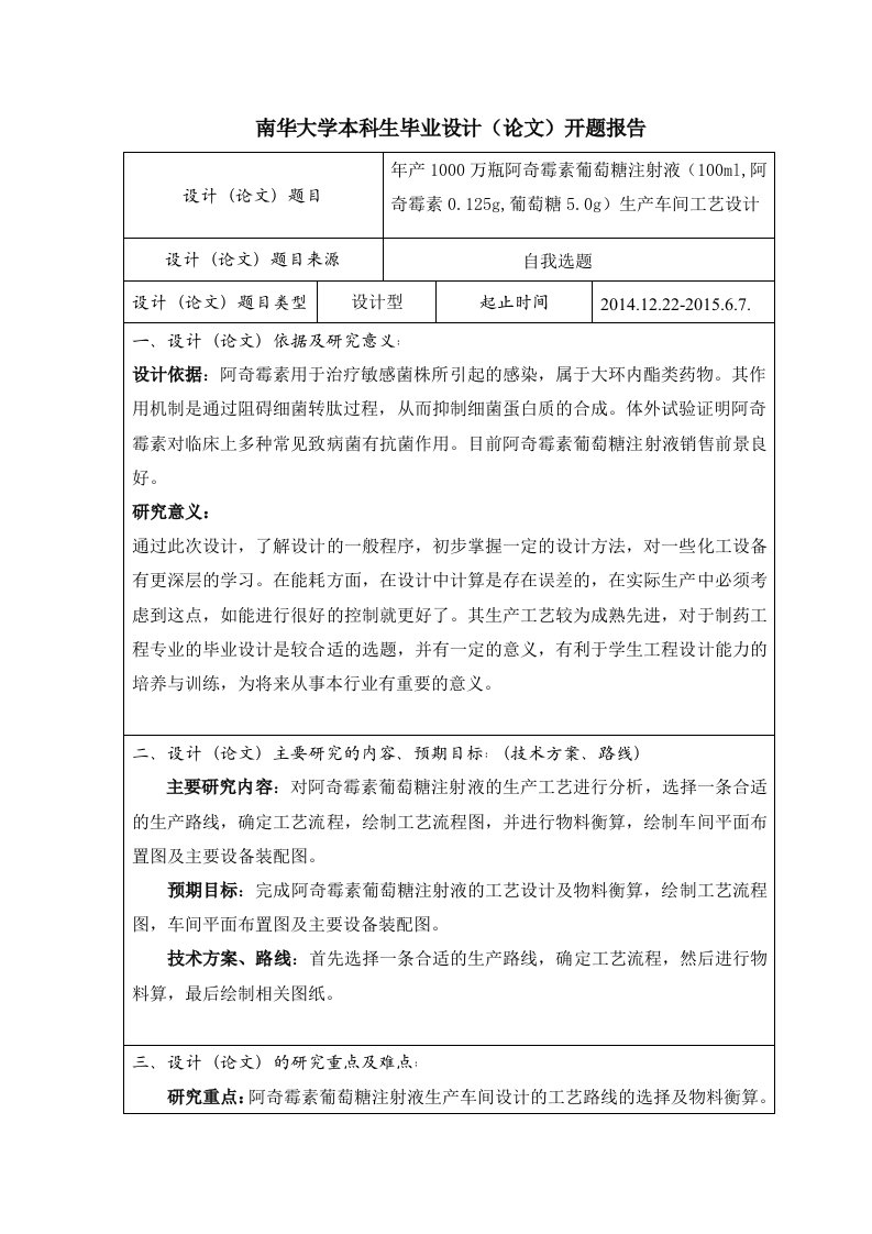 开题报告-年产1000万瓶阿奇霉素葡萄糖注射液生产车间工艺设计