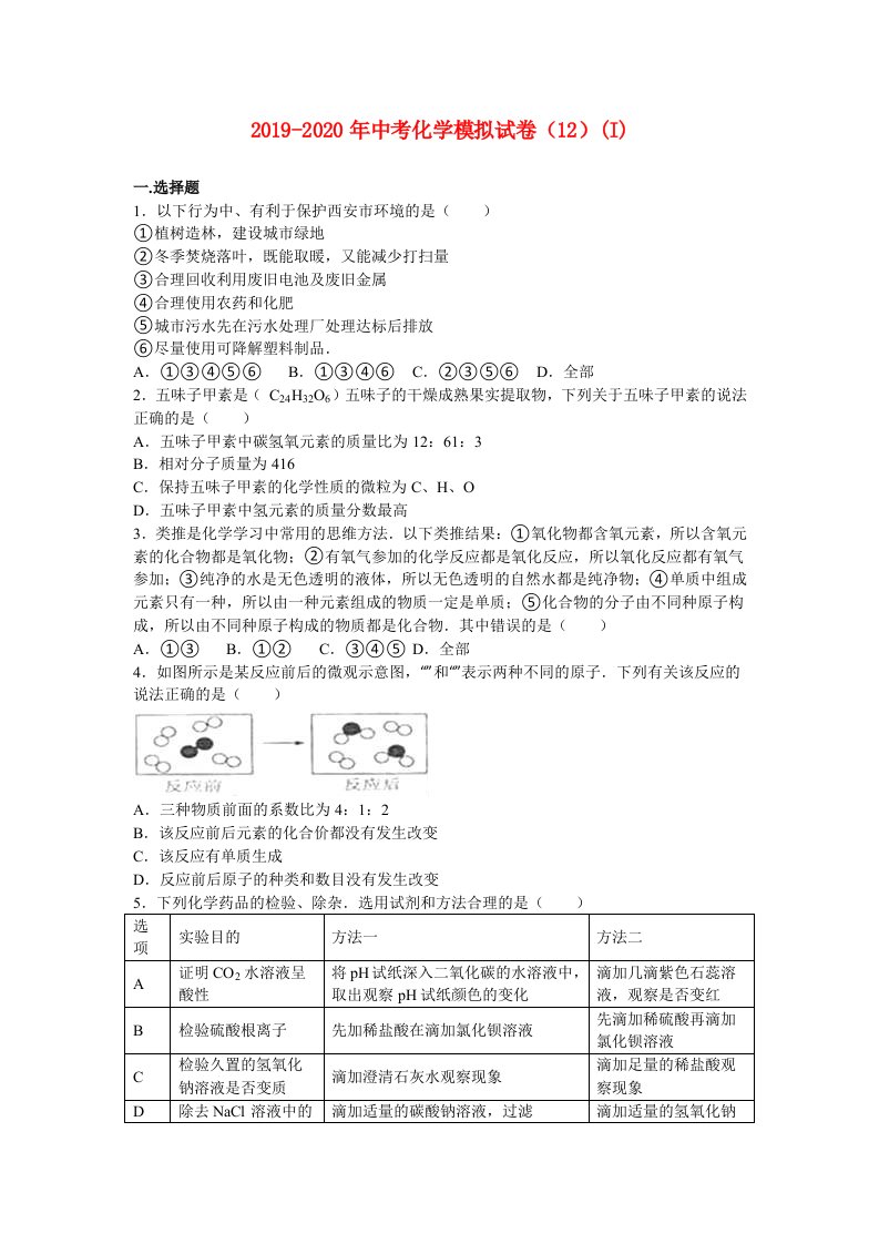 2019-2020年中考化学模拟试卷（12）(I)