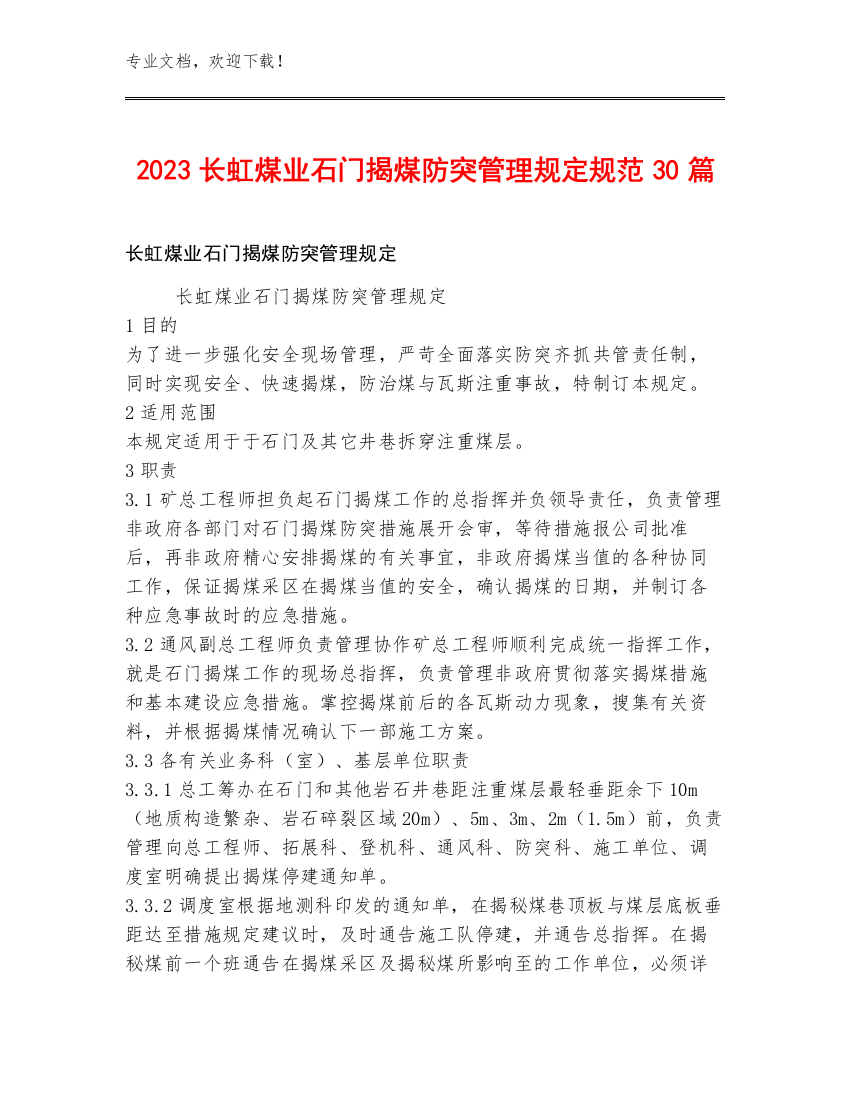 2023长虹煤业石门揭煤防突管理规定规范30篇