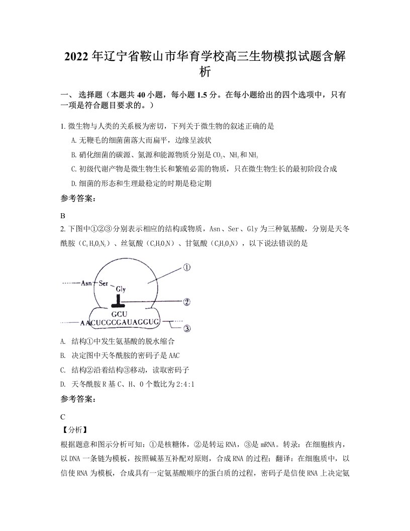 2022年辽宁省鞍山市华育学校高三生物模拟试题含解析