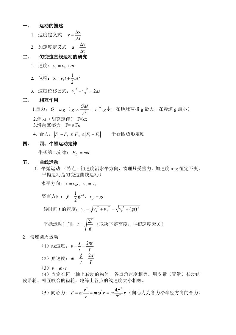 江苏高中物理小高考公式简单