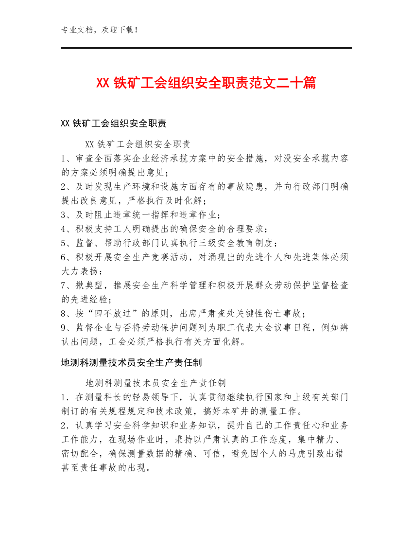 XX铁矿工会组织安全职责范文二十篇