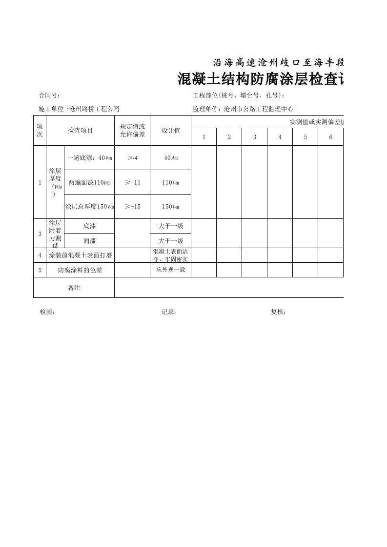 103桥梁混凝土结构防腐涂层检查记录表(1)