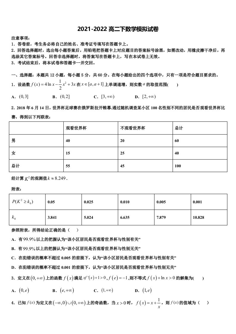 吉林省榆树市榆树一中2022年数学高二第二学期期末学业质量监测模拟试题含解析