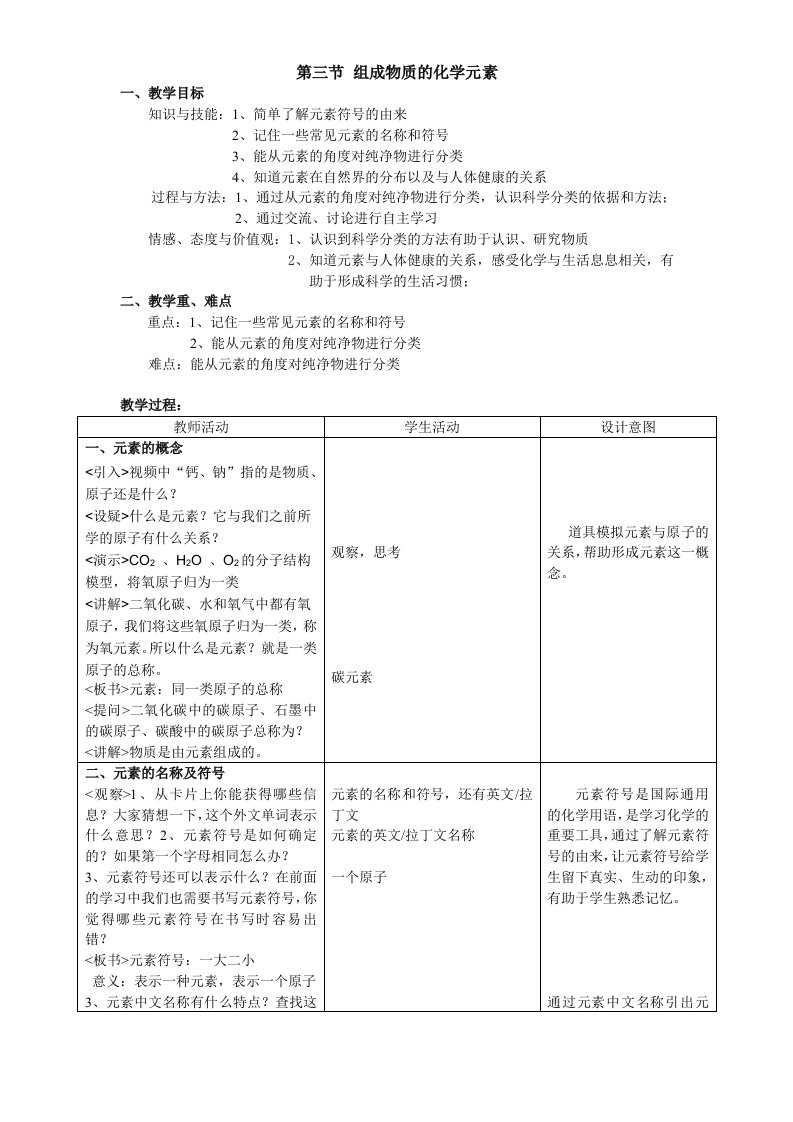 组成物质的化学元素教案