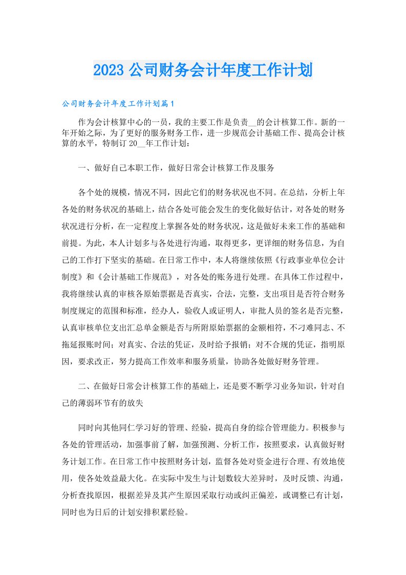 公司财务会计年度工作计划