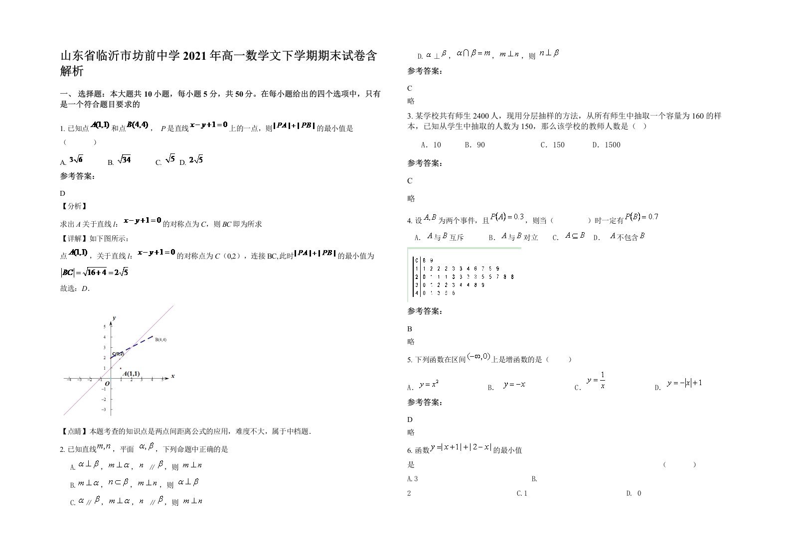 山东省临沂市坊前中学2021年高一数学文下学期期末试卷含解析