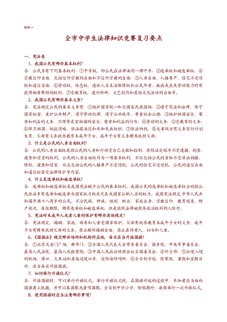 精选全市中学生法律知识竞赛复习要点