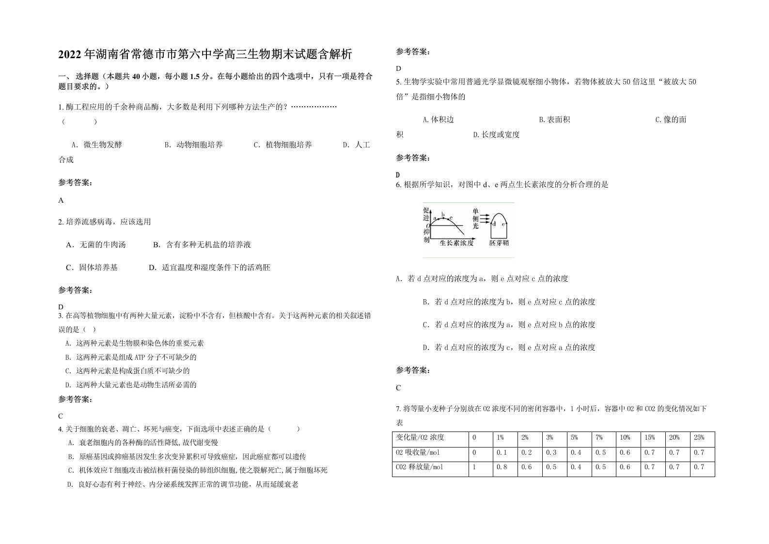 2022年湖南省常德市市第六中学高三生物期末试题含解析