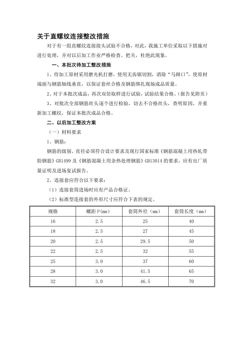 钢筋直螺纹连接不合格整改方案