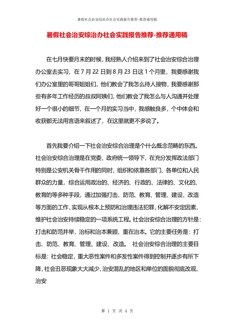 暑假社会治安综治办社会实践报告推荐