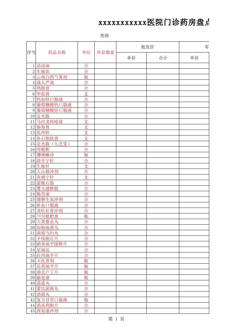 门诊西药房盘点表