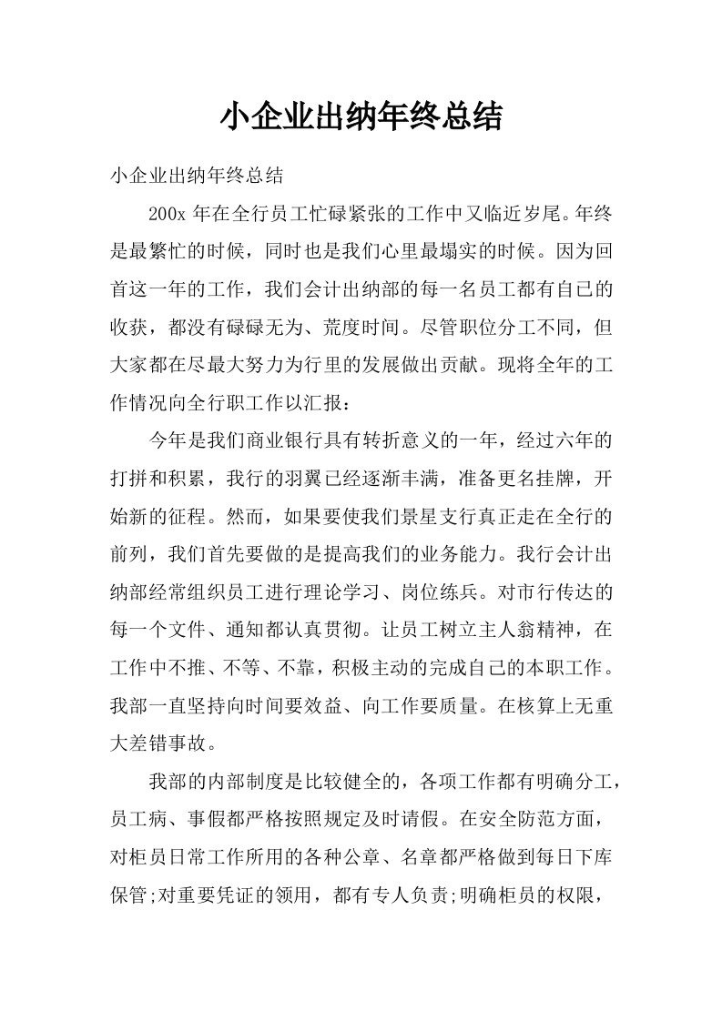 小企业出纳年终总结