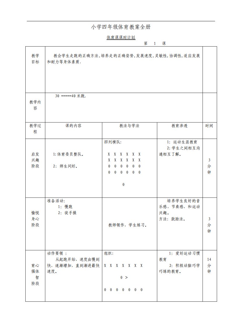 小学四年级体育教案全册