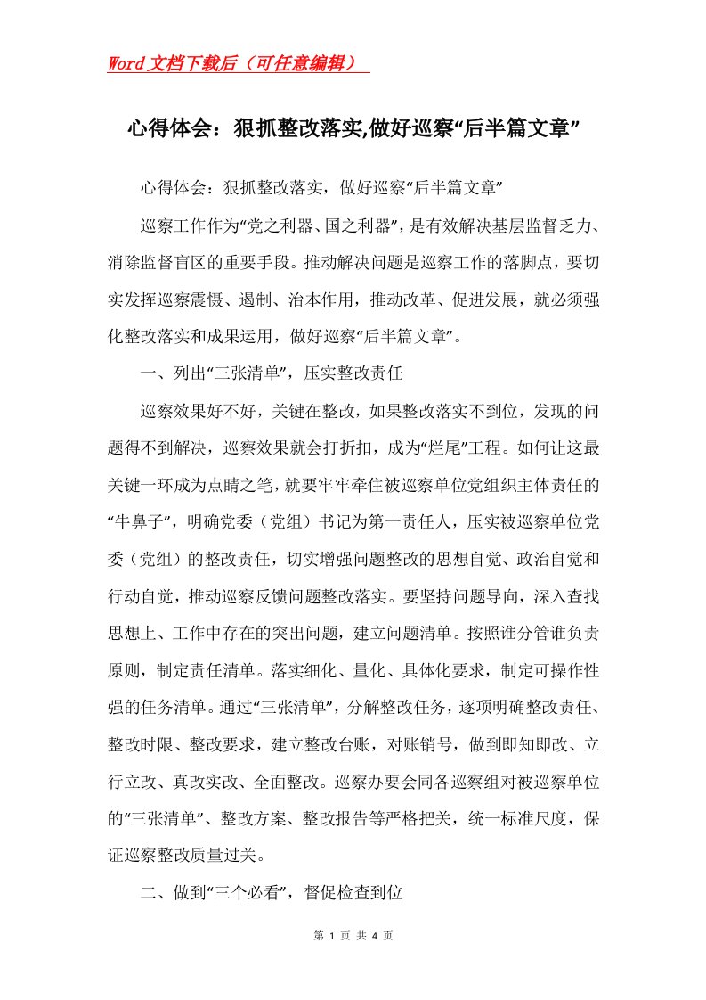 心得体会狠抓整改落实做好巡察后半篇文章