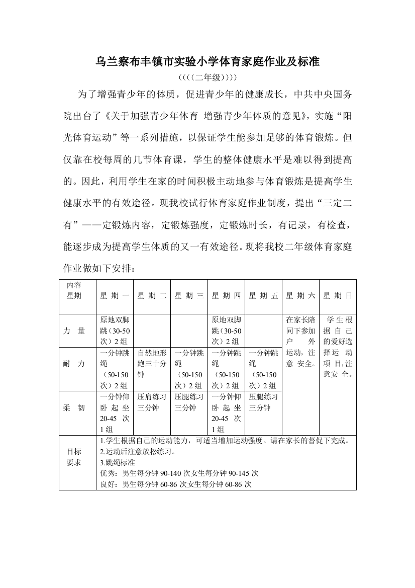 乌兰察布丰镇市实验小学体育家庭作业及标准