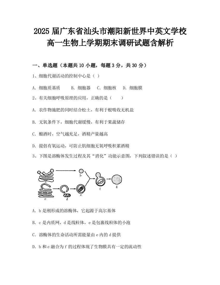 2025届广东省汕头市潮阳新世界中英文学校高一生物上学期期末调研试题含解析