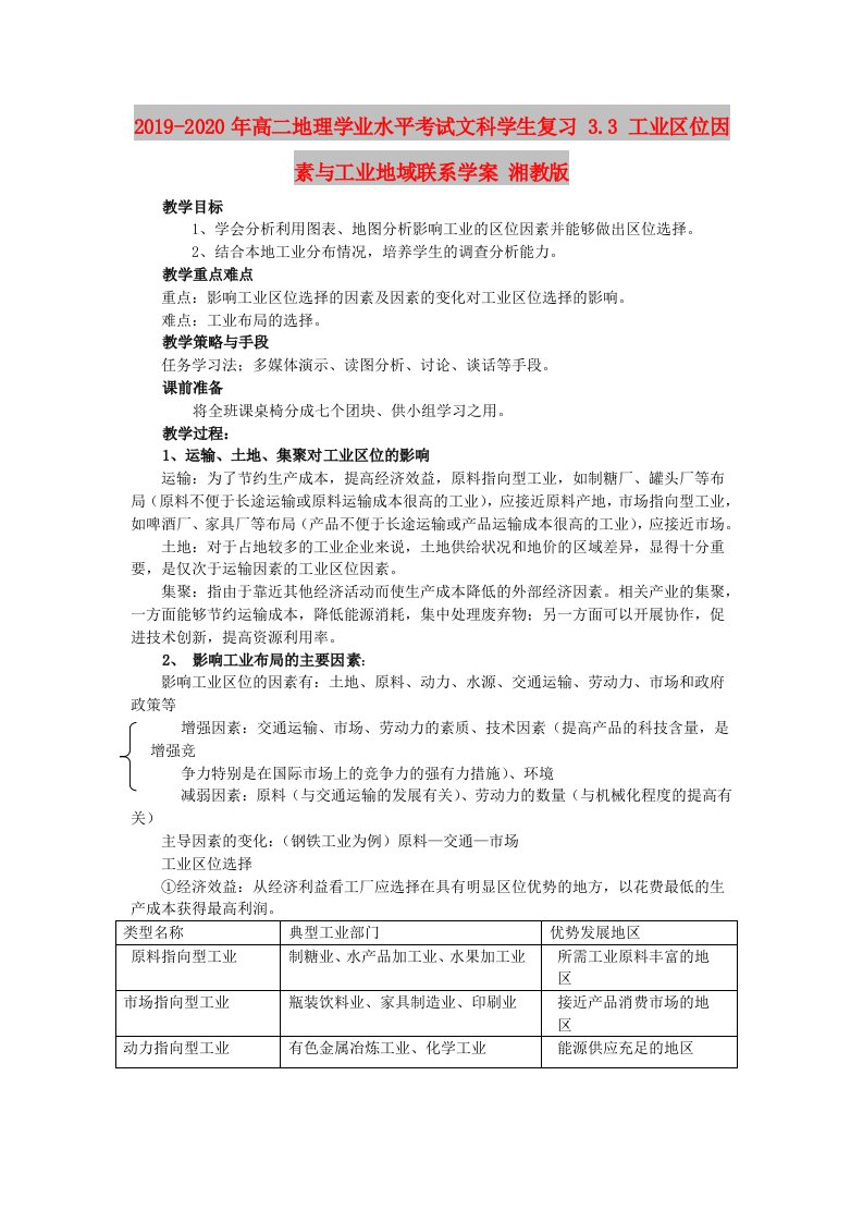 2019-2020年高二地理学业水平考试文科学生复习