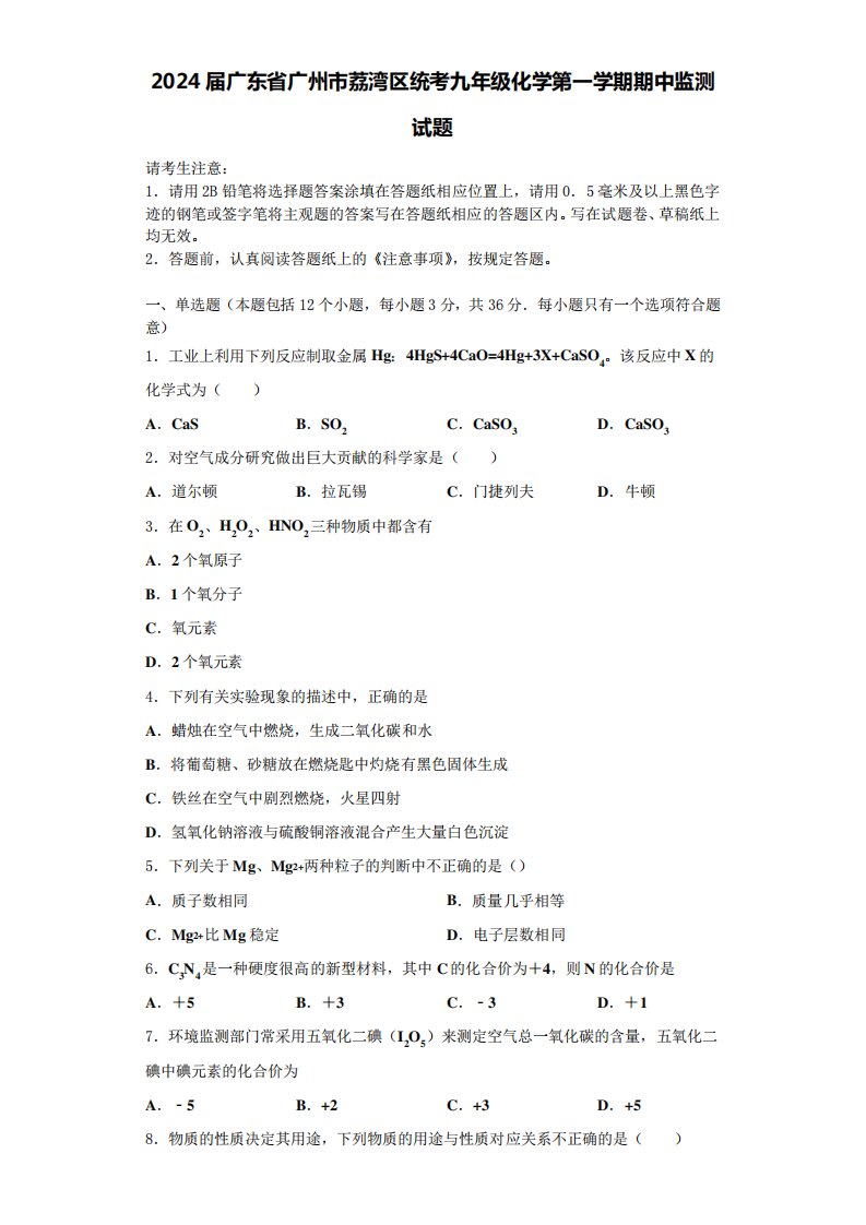 2024届广东省广州市荔湾区统考九年级化学第一学期期中监测试题含答案