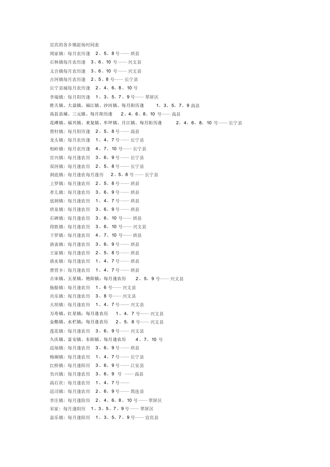 宜宾各乡镇赶集时间表