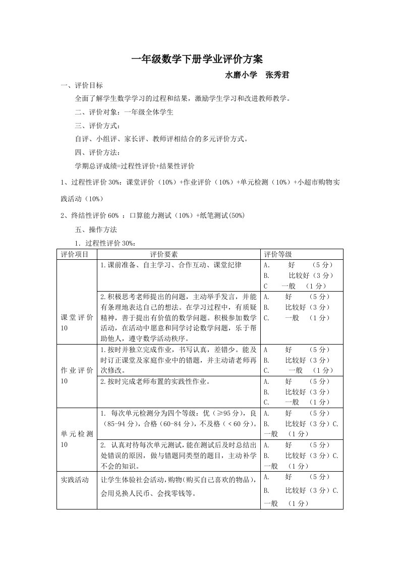 一年级下册数学学业评价方案