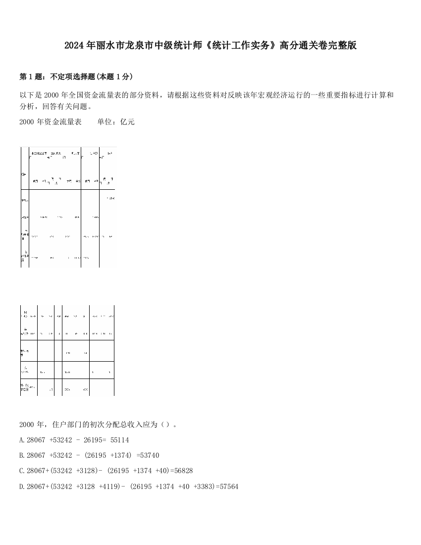 2024年丽水市龙泉市中级统计师《统计工作实务》高分通关卷完整版