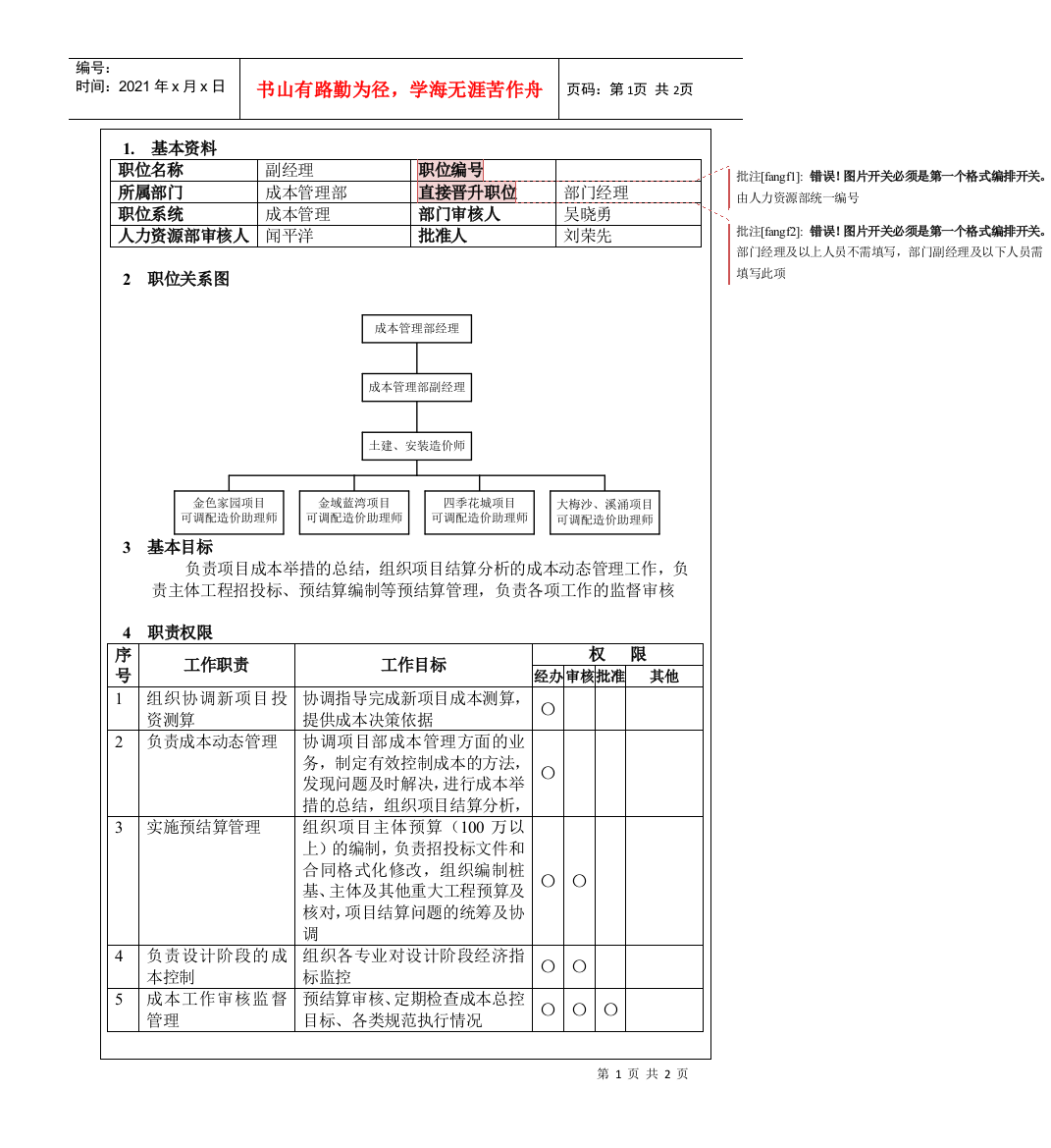 成本部副经理岗位说明