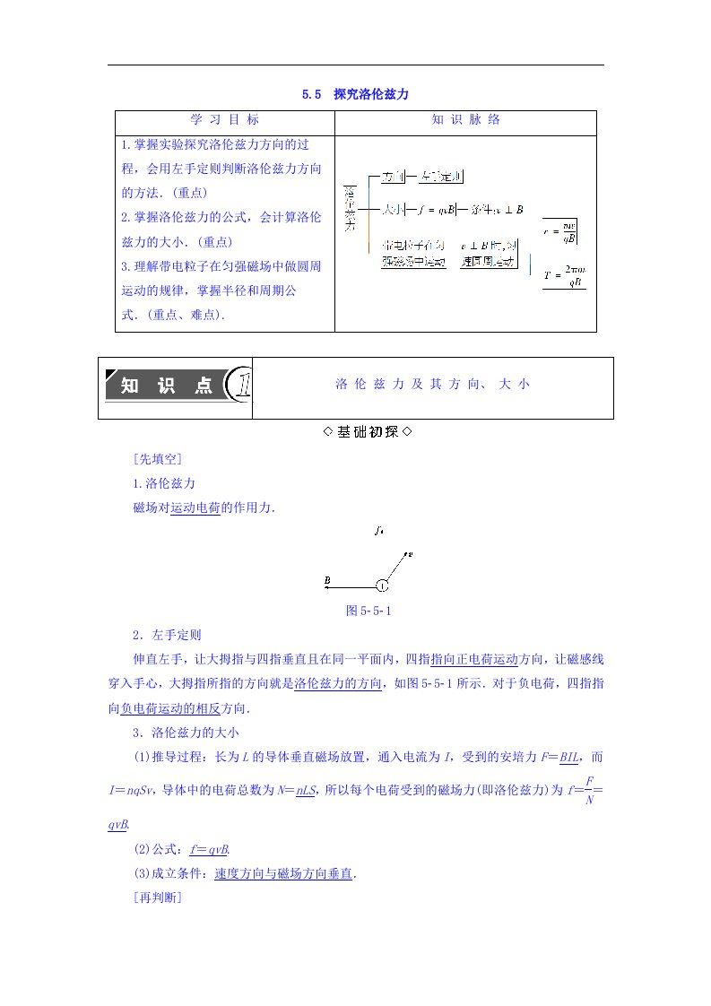 2017-2018学年沪科版选修3-1学案：第5章磁场与回旋加速器55探究洛伦兹力学案