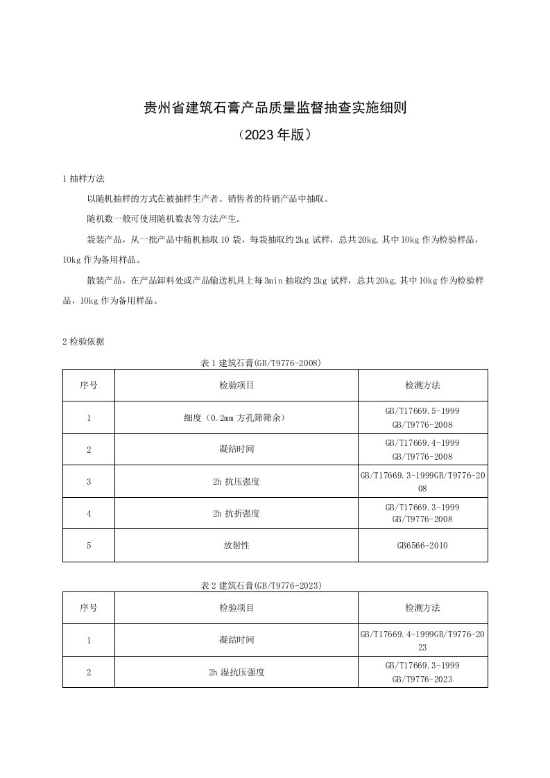 贵州省建筑石膏产品质量监督抽查实施细则（2023年版）