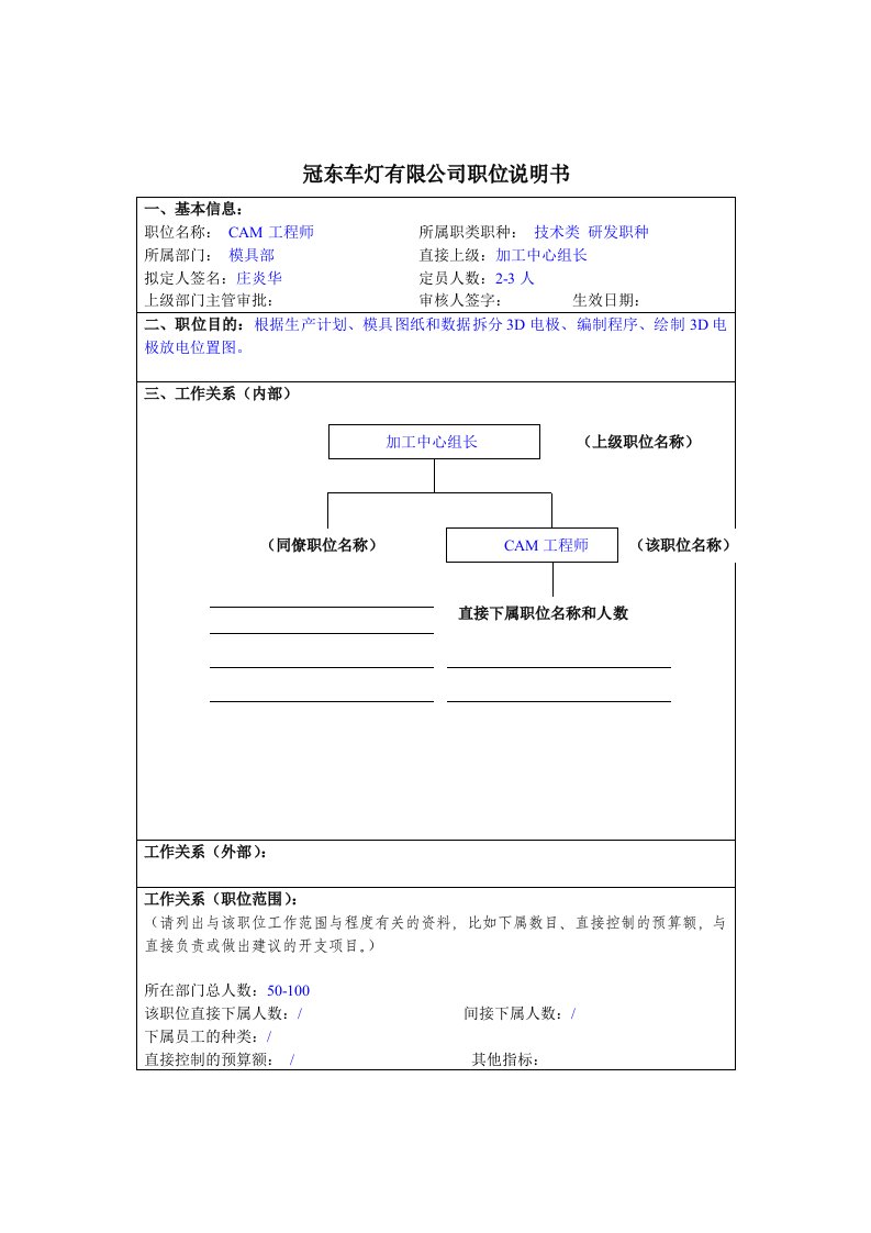 模具部CAM工程师岗位描述