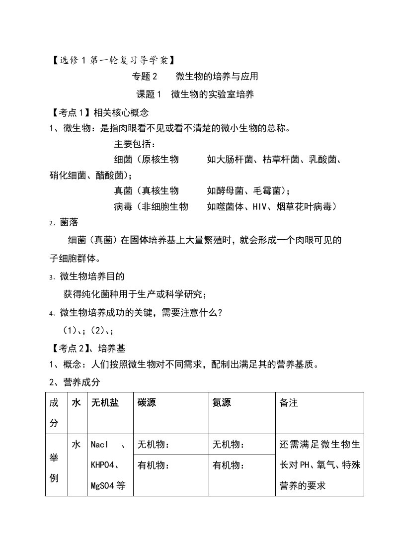 专题2微生物的培养和应用学案无答案