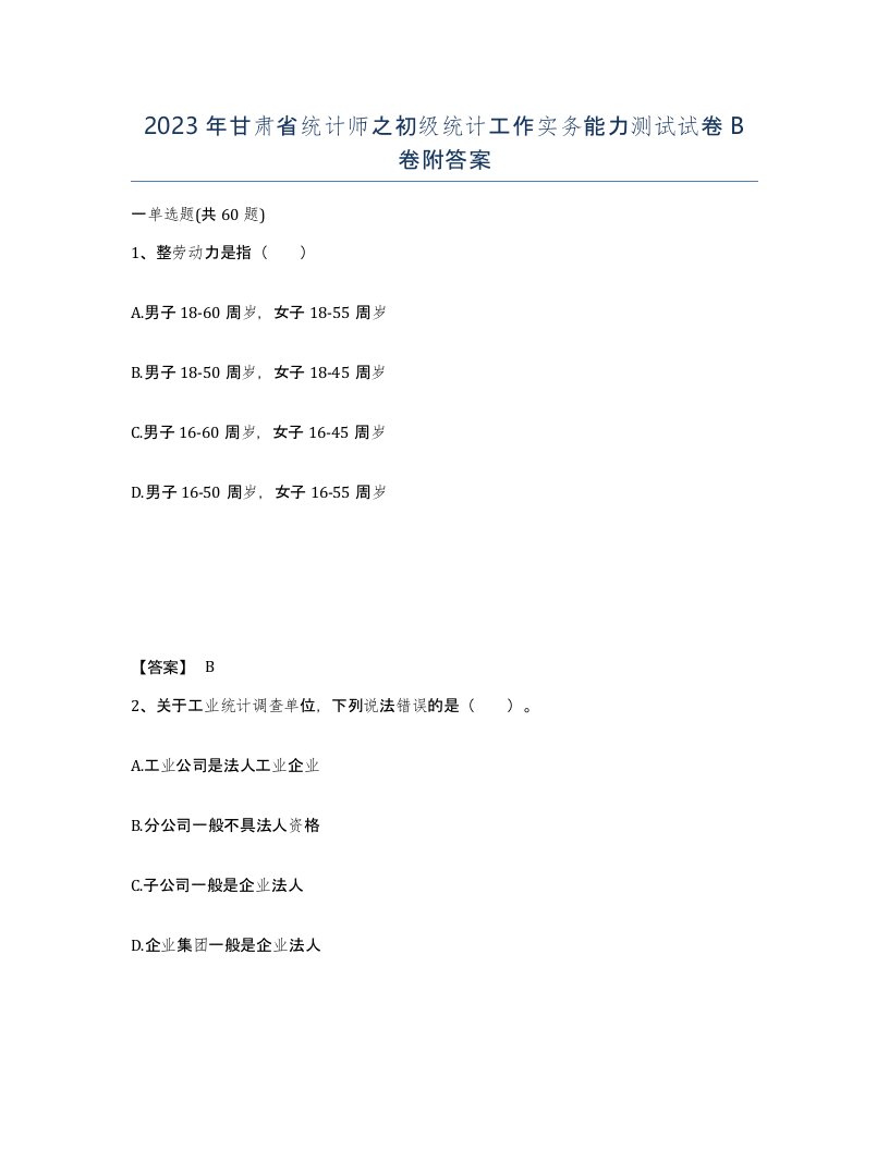 2023年甘肃省统计师之初级统计工作实务能力测试试卷B卷附答案