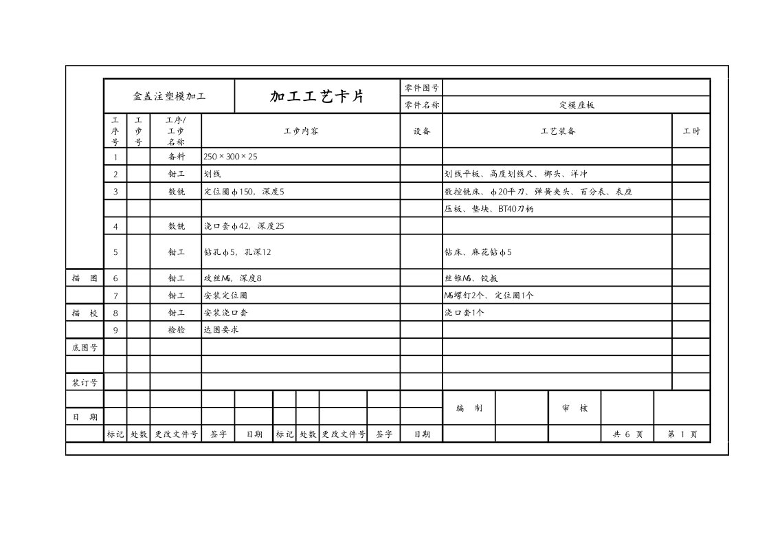 注塑模具工艺卡片