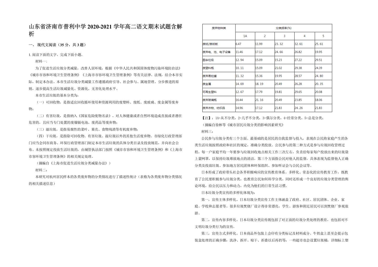 山东省济南市普利中学2020-2021学年高二语文期末试题含解析