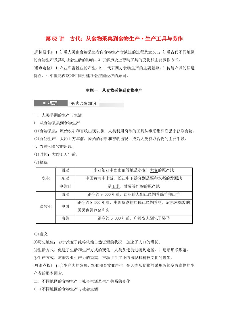 江苏专用新教材2024届高考历史一轮复习教案板块六选择性必修部分第十五单元第52讲古代：从食物采集到食物生产生产工具与劳作